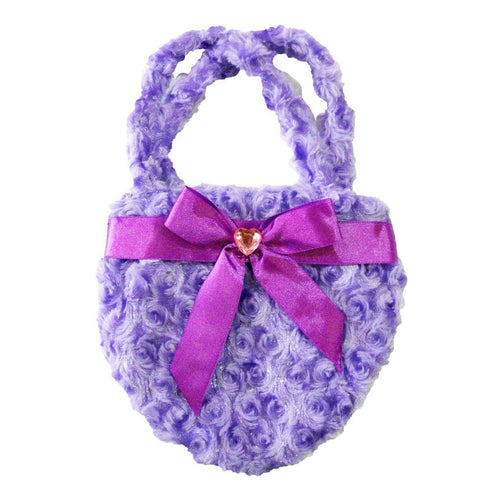 Girls Purple Fuzzy Velvet Sparkle Stone Bow Attached Heart Purse - SophiasStyle.com